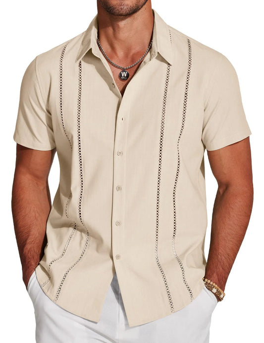 Men's Cuban Guayabera – Elegant Hollow Embroidered Button-Up Shirt